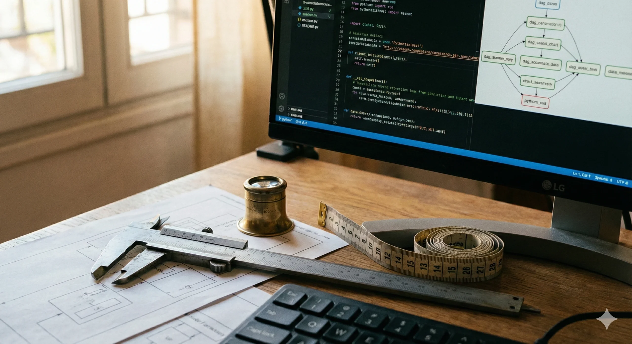 Primo piano di strumenti di misura artigianali, tra cui un calibro e una lente d'ingrandimento, posati su una scrivania accanto a un monitor che mostra codice complesso e diagrammi di flusso IA. L'immagine simboleggia l'integrazione tra lo sviluppo software su misura tradizionale e le nuove tecnologie dei LLM.