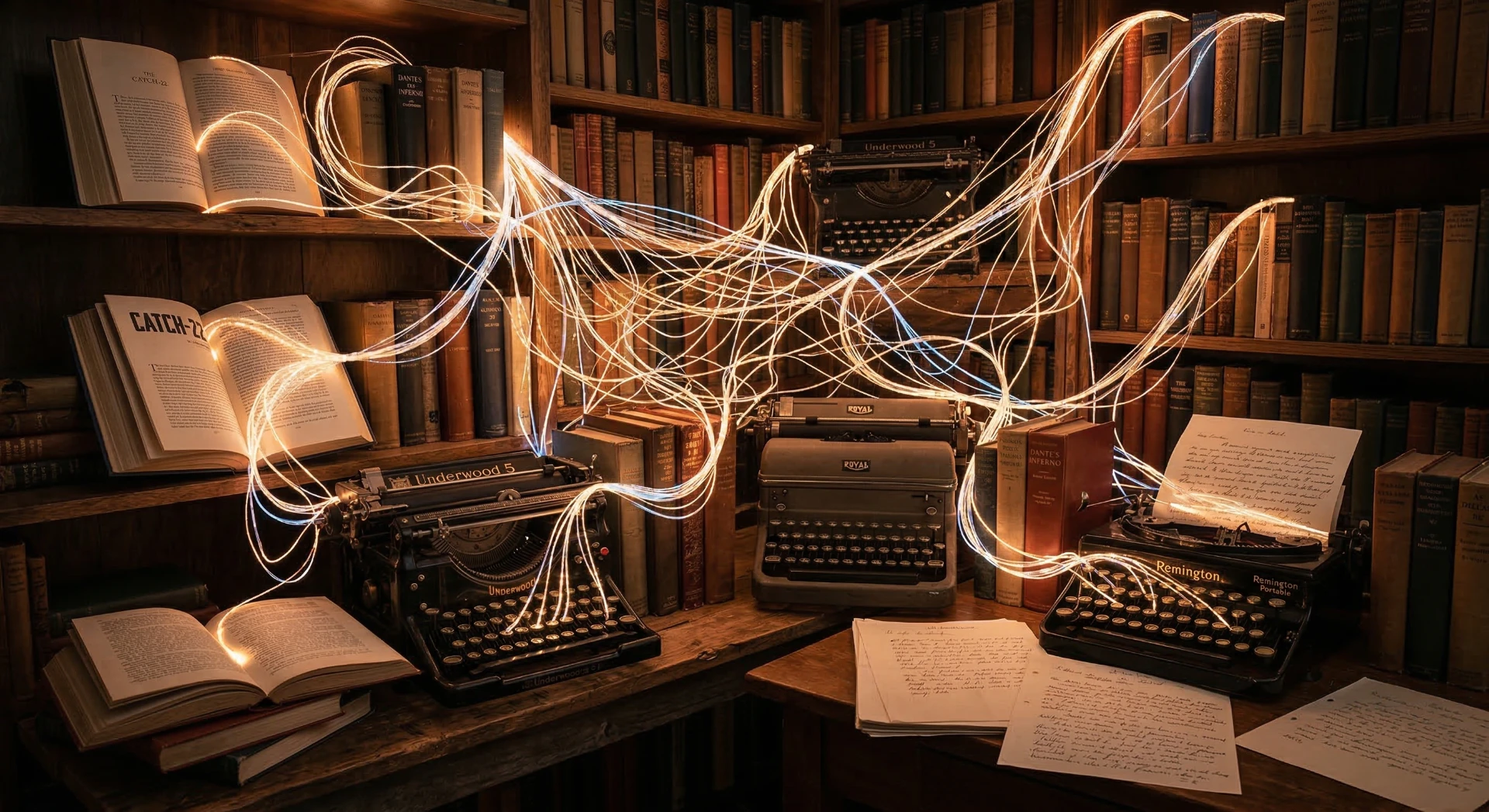 Rappresentazione concettuale di una rete neurale di fili luminosi che collegano libri e macchine da scrivere antiche in una biblioteca, metafora del clustering semantico e dell'analisi del testo via software.