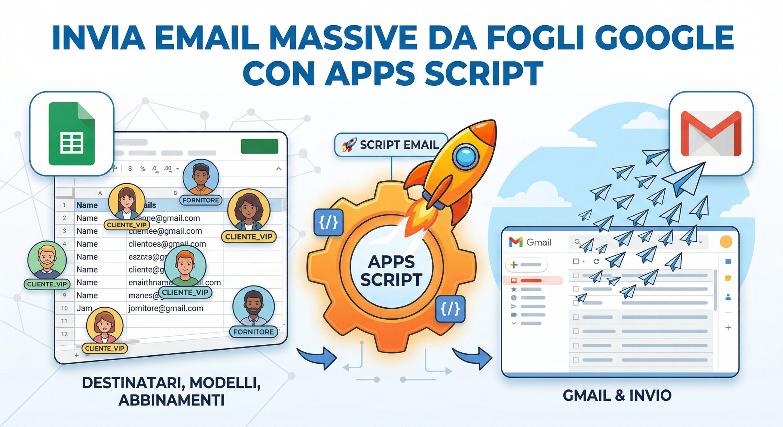 Infografica che illustra il flusso di automazione per inviare email massive da Google Workspace: il processo parte da un Foglio Google, viene elaborato da Apps Script (con l'icona del razzo) e inviato tramite Gmail. Immagine generata tramite tecnologia di intelligenza artificiale.